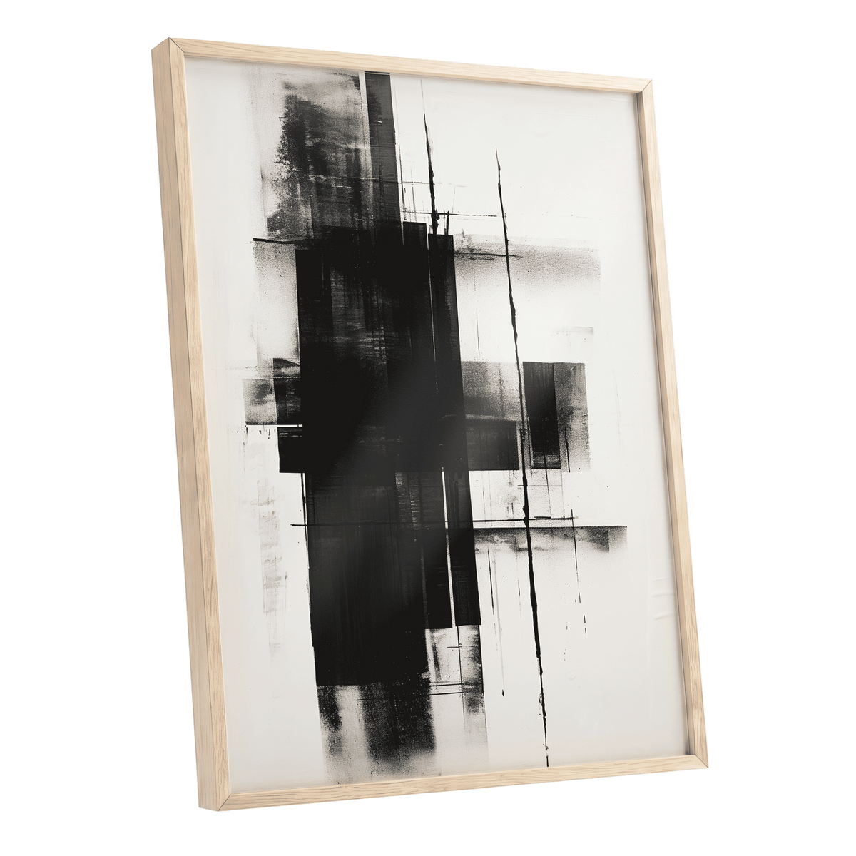 Obsidian Framework, black, white abstract wall art shown as a oak framed poster wall art print