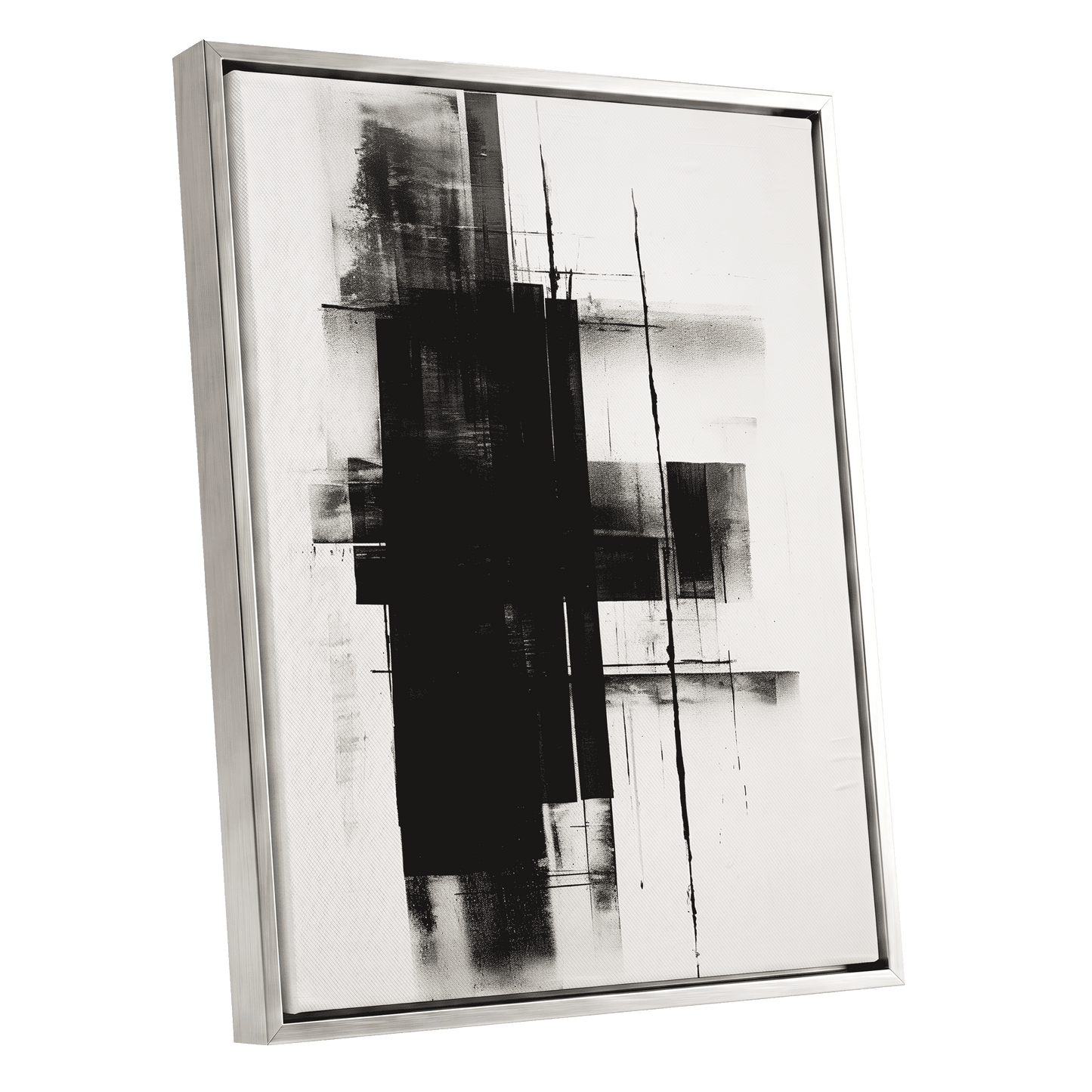 Obsidian Framework, black, white abstract wall art shown as a silver framed canvas wall art