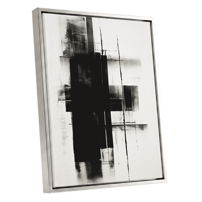 Obsidian Framework, black, white abstract wall art shown as a silver framed canvas wall art