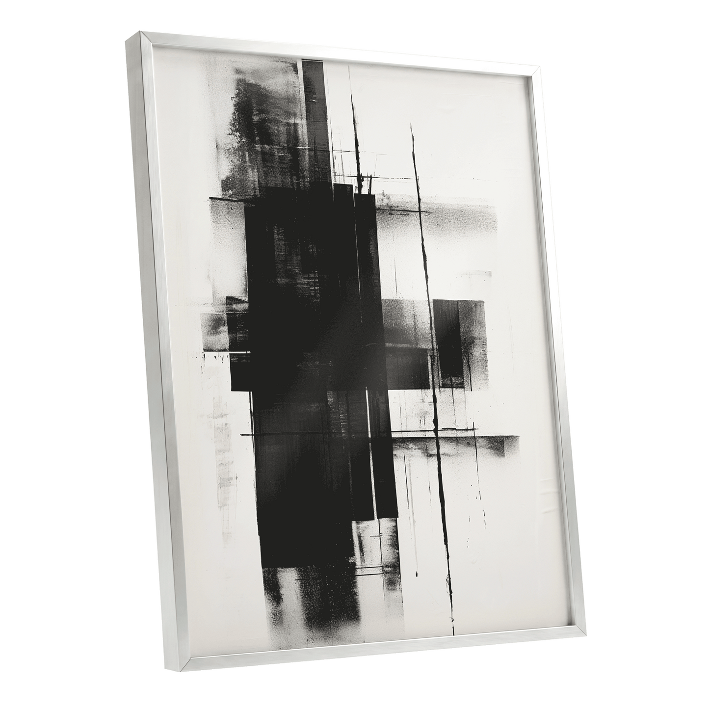 Obsidian Framework, black, white abstract wall art shown as a silver framed poster wall art print