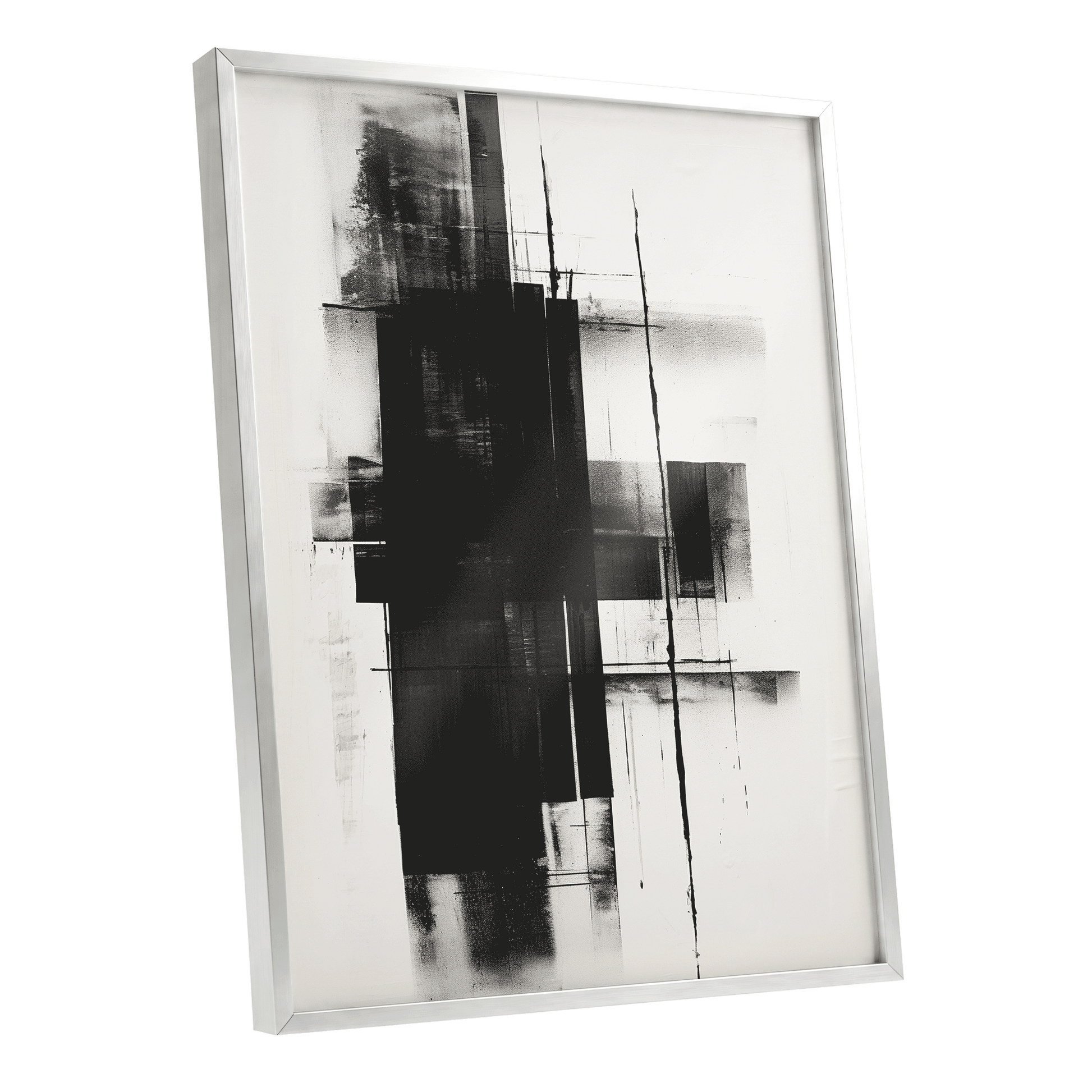 Obsidian Framework, black, white abstract wall art shown as a silver framed poster wall art print