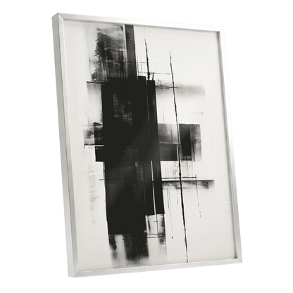 Obsidian Framework, black, white abstract wall art shown as a silver framed poster wall art print