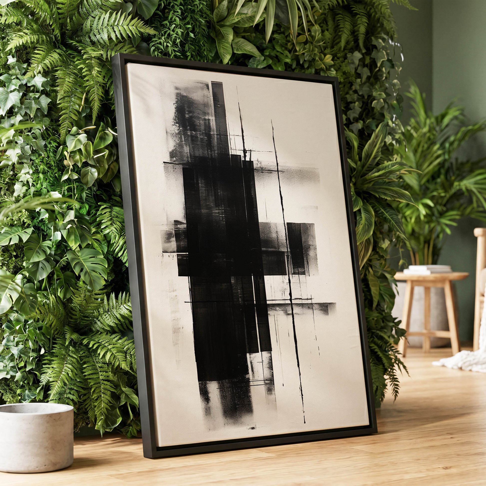 Obsidian Framework, black, white abstract wall art displayed in a styled interior, gallery view 1