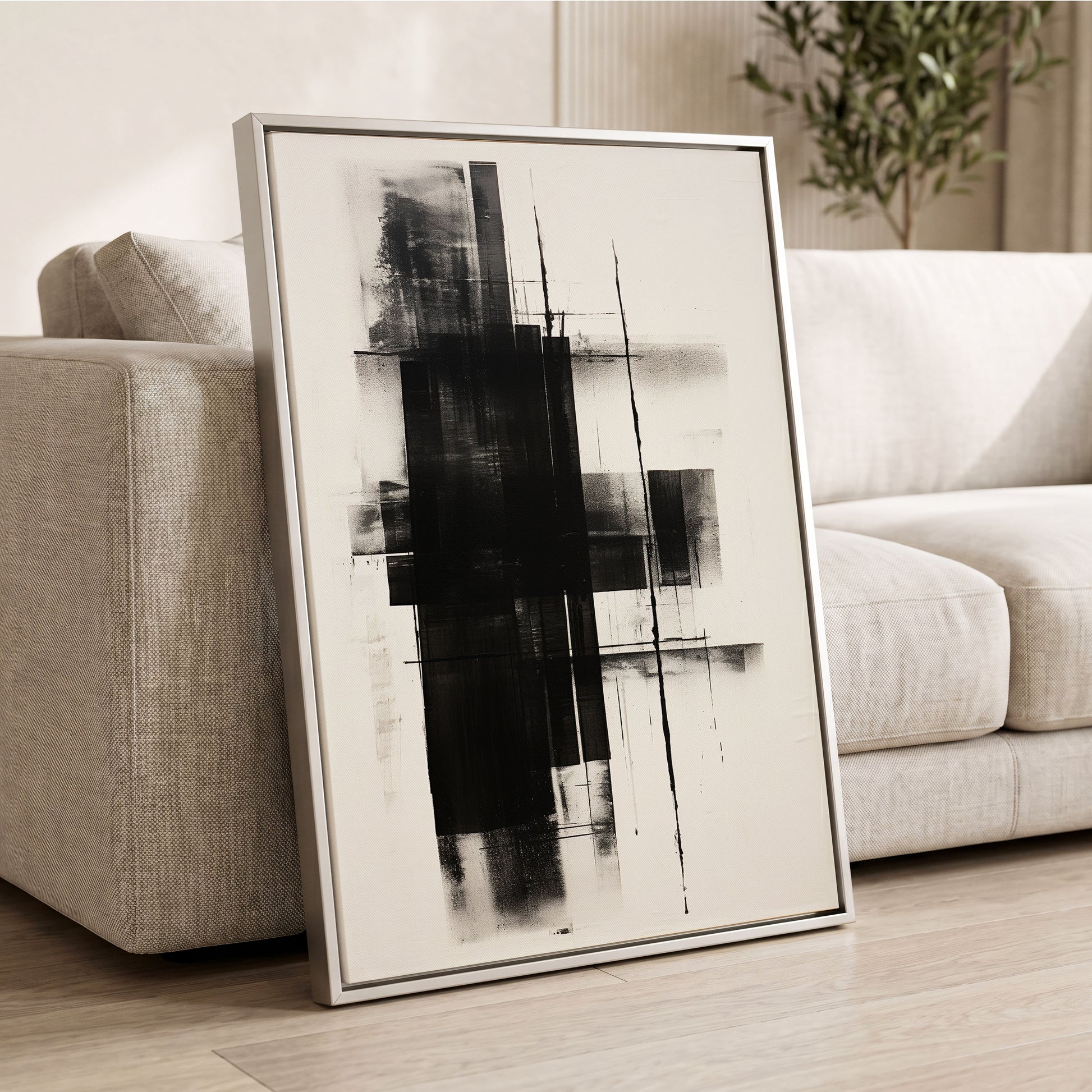 Obsidian Framework, black, white abstract wall art displayed in a styled interior, gallery view 2