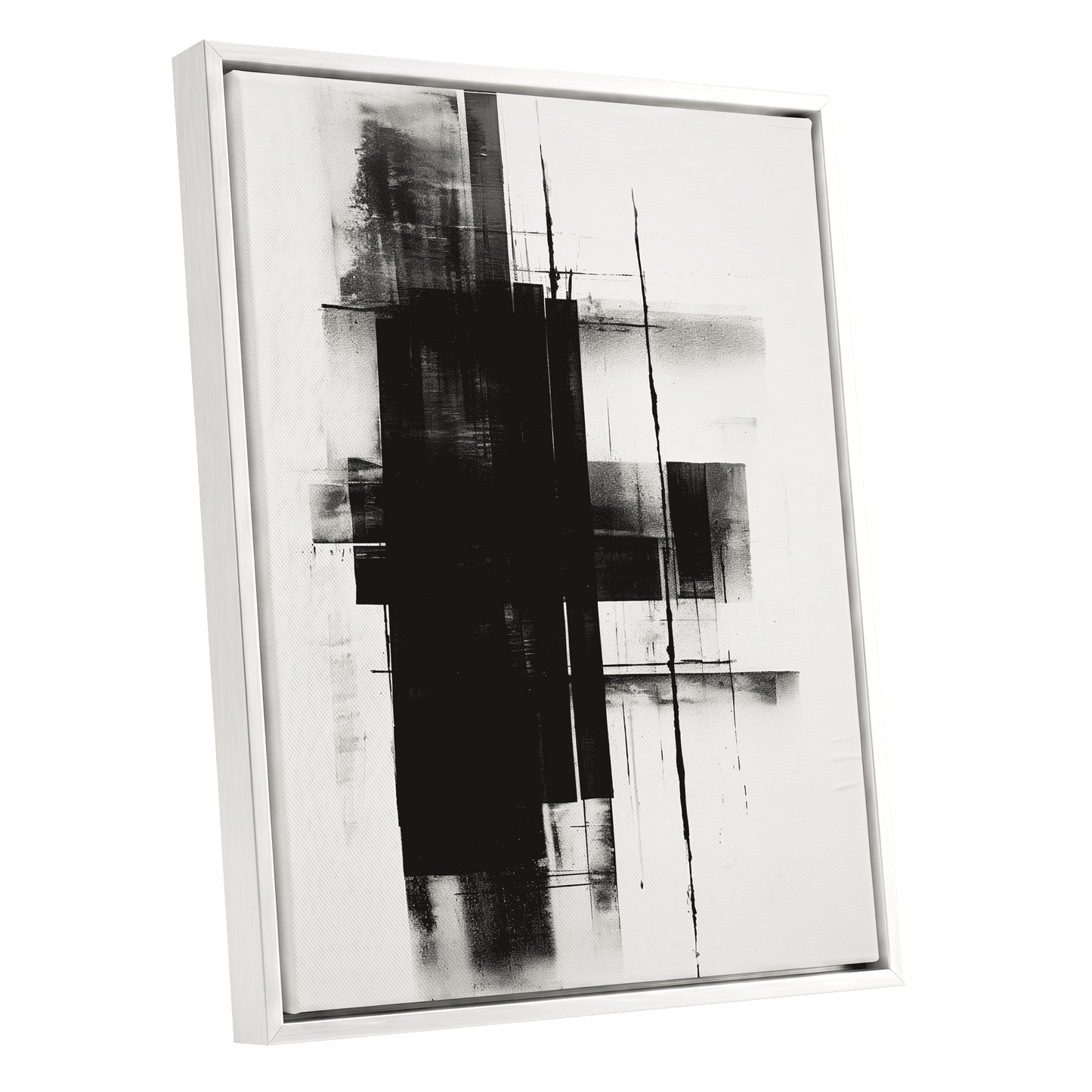Obsidian Framework, black, white abstract wall art shown as a white framed canvas wall art