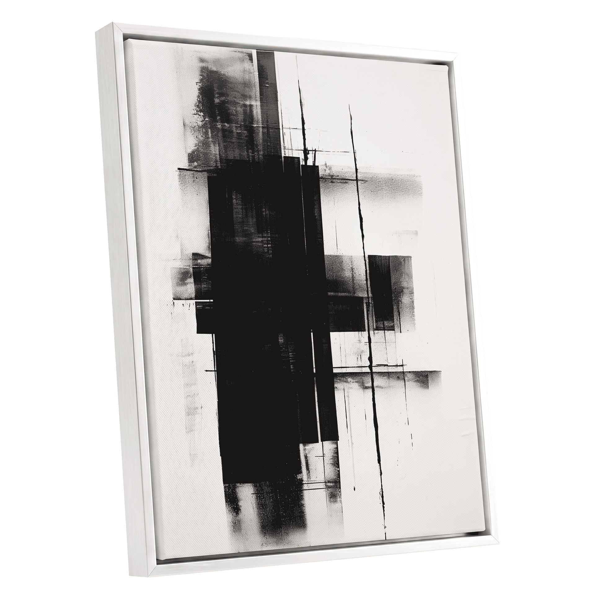 Obsidian Framework, black, white abstract wall art shown as a white framed canvas wall art