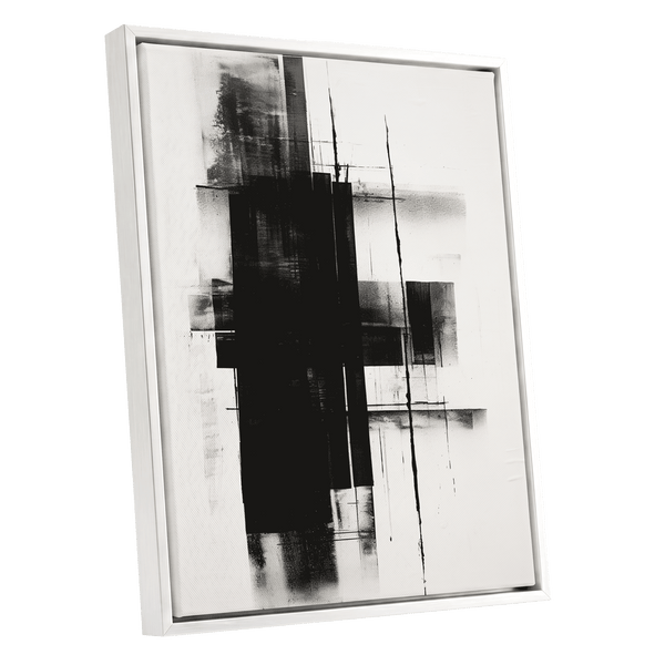 Obsidian Framework, black, white abstract wall art shown as a white framed canvas wall art