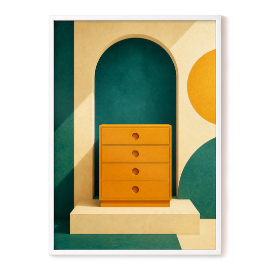 Ochre Alcove, green, beige, orange minimalist wall art, front artwork view