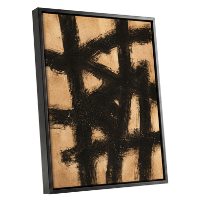Ochre Crosscurrents, black, beige, brown abstract wall art shown as a black framed canvas wall art