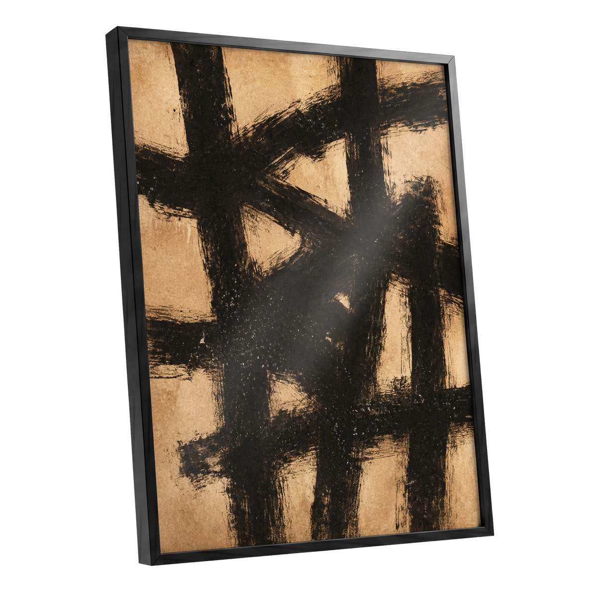 Ochre Crosscurrents, black, beige, brown abstract wall art shown as a black framed poster wall art print