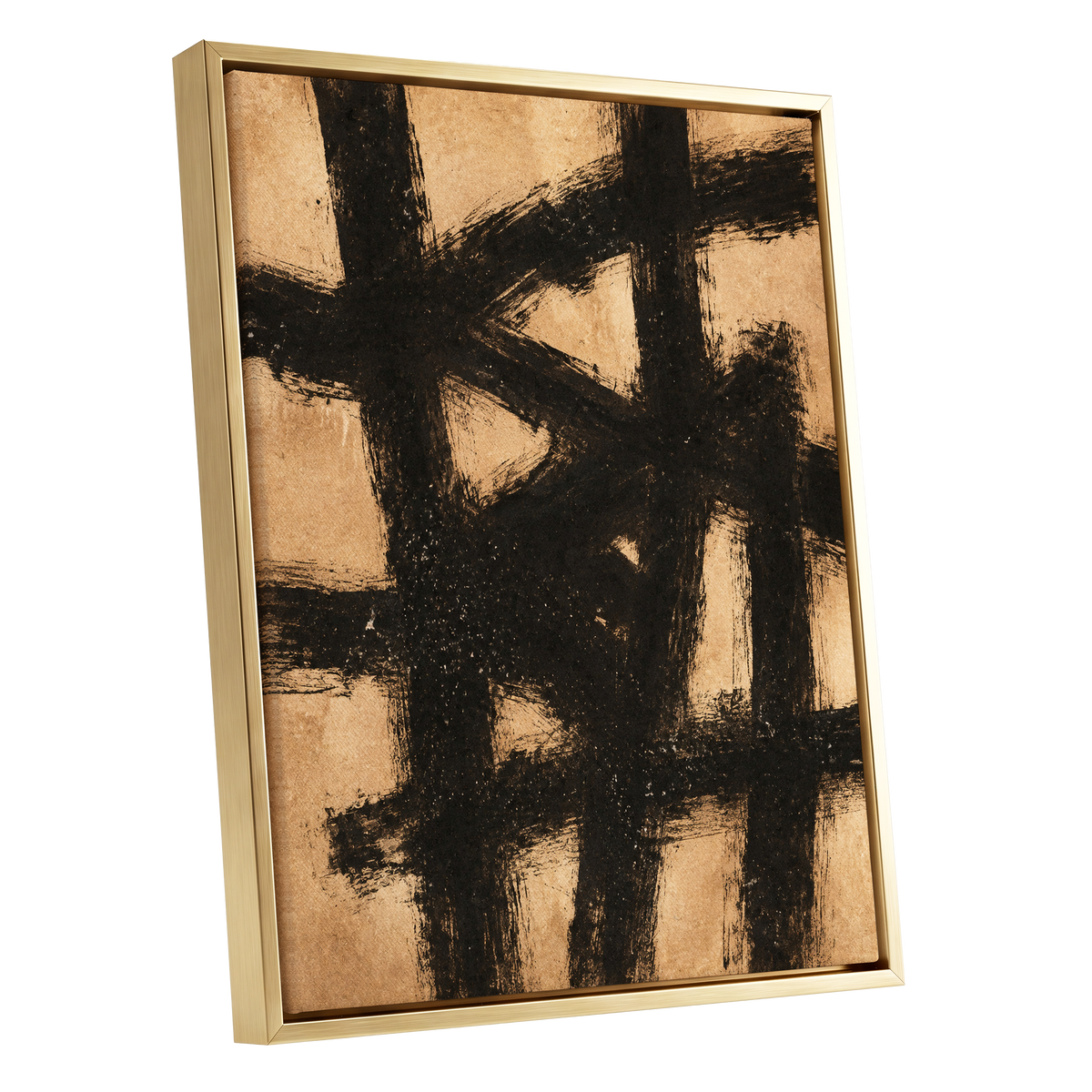 Ochre Crosscurrents, black, beige, brown abstract wall art shown as a gold framed canvas wall art
