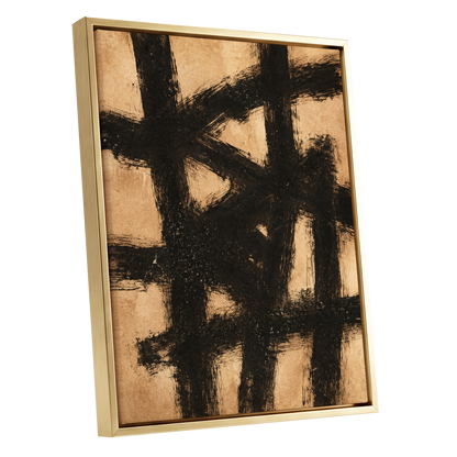 Ochre Crosscurrents, black, beige, brown abstract wall art shown as a gold framed canvas wall art