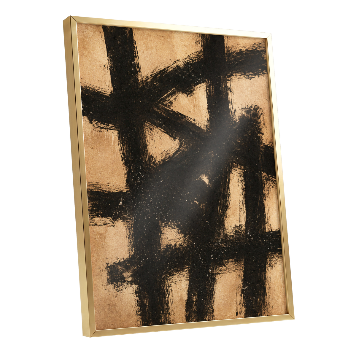 Ochre Crosscurrents, black, beige, brown abstract wall art shown as a gold framed poster wall art print
