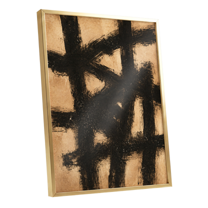 Ochre Crosscurrents, black, beige, brown abstract wall art shown as a gold framed poster wall art print