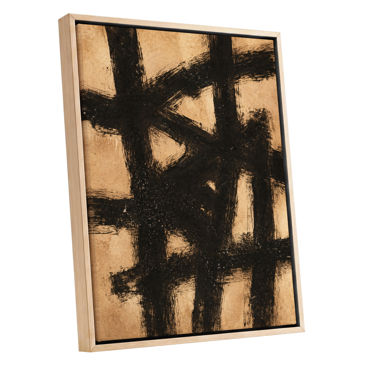 Ochre Crosscurrents, black, beige, brown abstract wall art shown as a oak framed canvas wall art