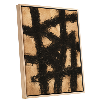 Ochre Crosscurrents, black, beige, brown abstract wall art shown as a oak framed canvas wall art