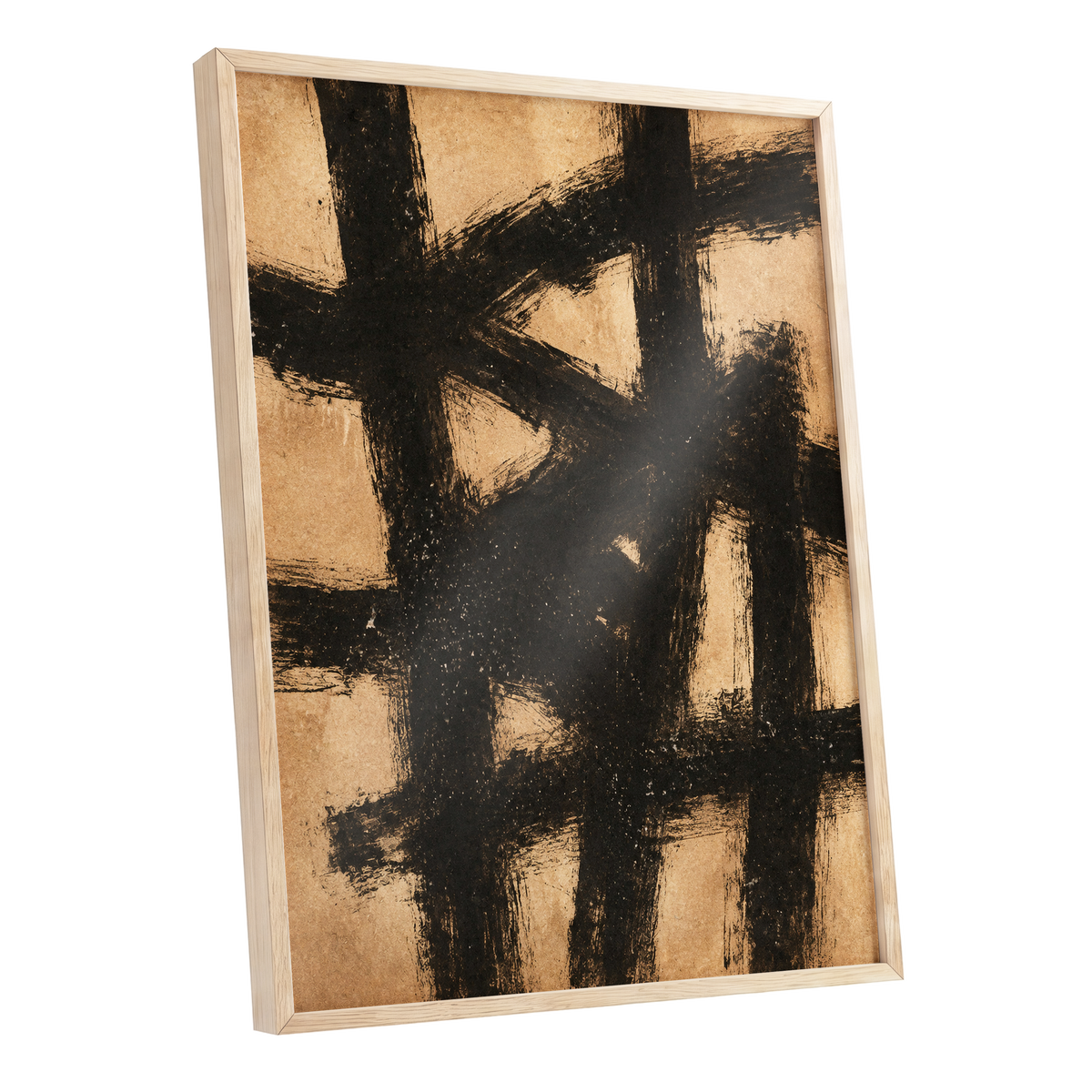 Ochre Crosscurrents, black, beige, brown abstract wall art shown as a oak framed poster wall art print