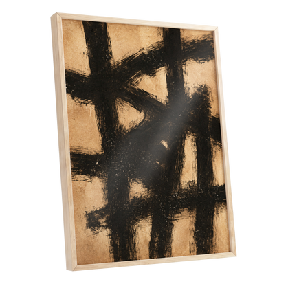 Ochre Crosscurrents, black, beige, brown abstract wall art shown as a oak framed poster wall art print