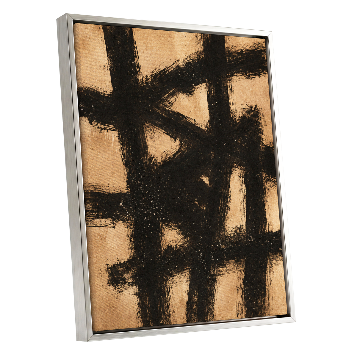 Ochre Crosscurrents, black, beige, brown abstract wall art shown as a silver framed canvas wall art