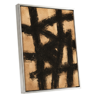 Ochre Crosscurrents, black, beige, brown abstract wall art shown as a silver framed canvas wall art