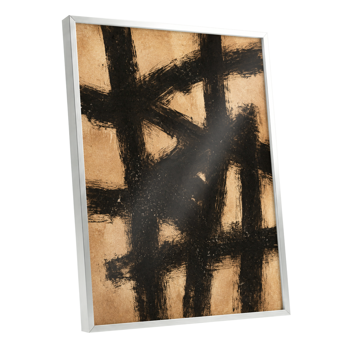 Ochre Crosscurrents, black, beige, brown abstract wall art shown as a silver framed poster wall art print