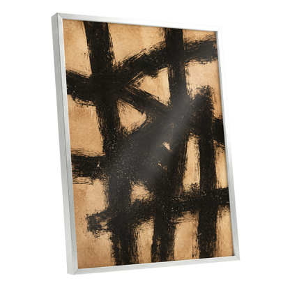 Ochre Crosscurrents, black, beige, brown abstract wall art shown as a silver framed poster wall art print