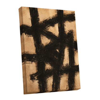 Ochre Crosscurrents, black, beige, brown abstract wall art shown as a stretched canvas wall art