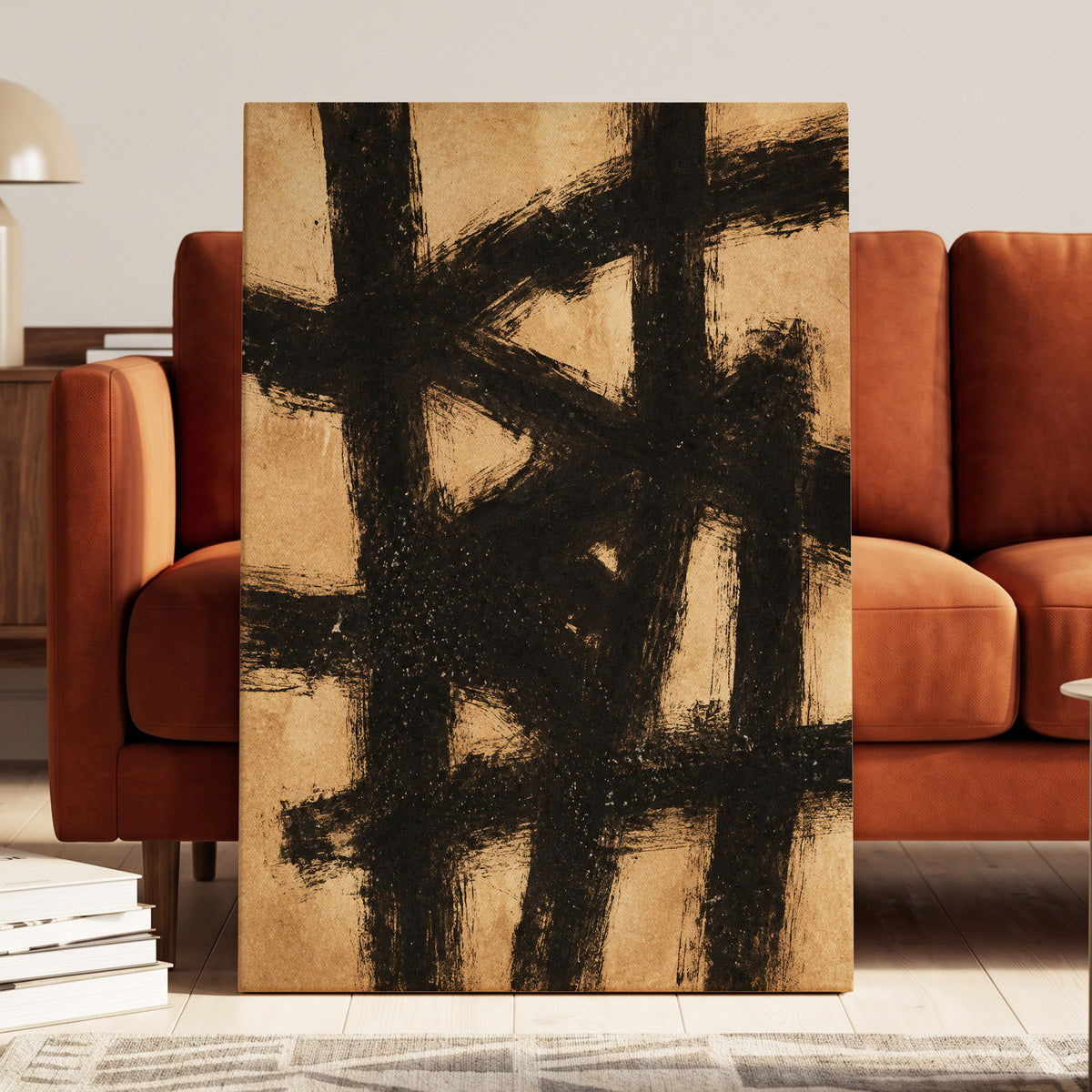 Ochre Crosscurrents, black, beige, brown abstract wall art displayed in a styled interior, gallery view 3