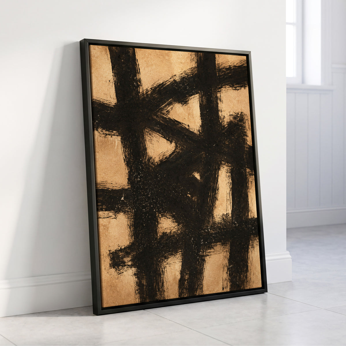 Ochre Crosscurrents, black, beige, brown abstract wall art displayed in a styled interior, gallery view 4