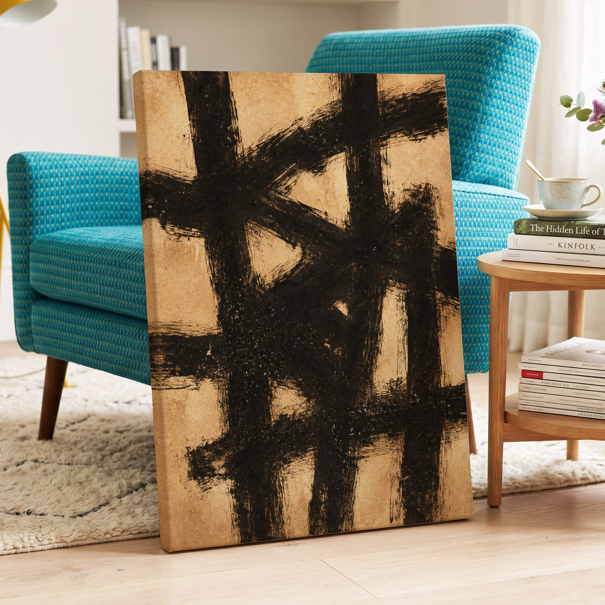 Ochre Crosscurrents, black, beige, brown abstract wall art displayed in a styled interior, gallery view 7