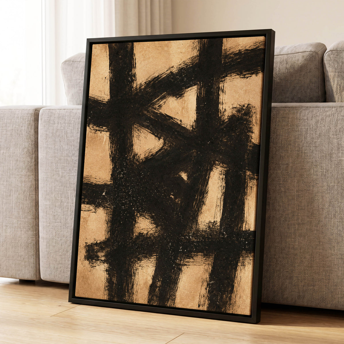 Ochre Crosscurrents, black, beige, brown abstract wall art displayed in a styled interior, gallery view 8