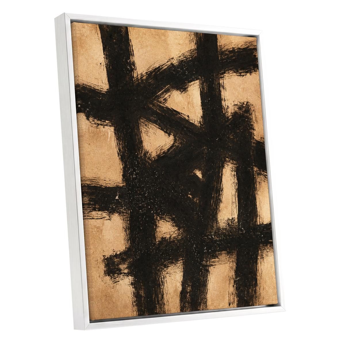 Ochre Crosscurrents, black, beige, brown abstract wall art shown as a white framed canvas wall art