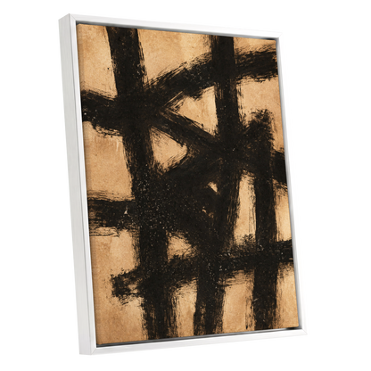 Ochre Crosscurrents, black, beige, brown abstract wall art shown as a white framed canvas wall art
