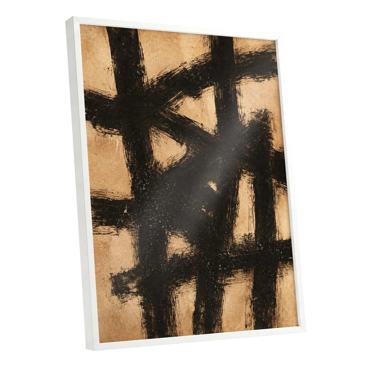 Ochre Crosscurrents, black, beige, brown abstract wall art shown as a white framed poster wall art print