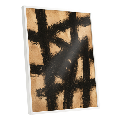 Ochre Crosscurrents, black, beige, brown abstract wall art shown as a white framed poster wall art print