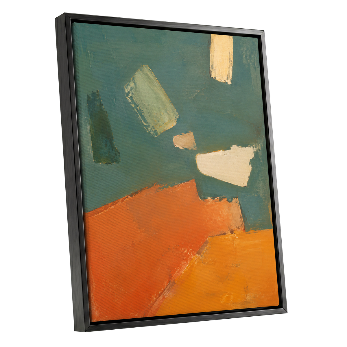 Ochre Drift, green, orange, yellow abstract wall art shown as a black framed canvas wall art