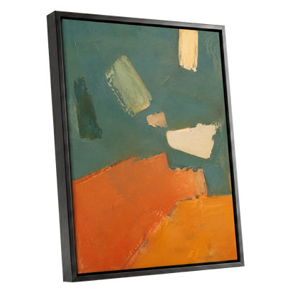 Ochre Drift, green, orange, yellow abstract wall art shown as a black framed canvas wall art