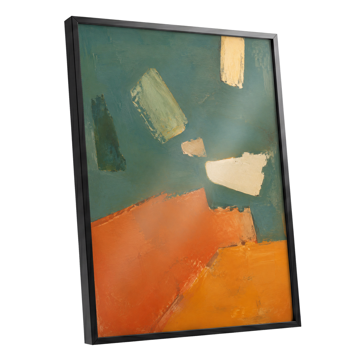 Ochre Drift, green, orange, yellow abstract wall art shown as a black framed poster wall art print