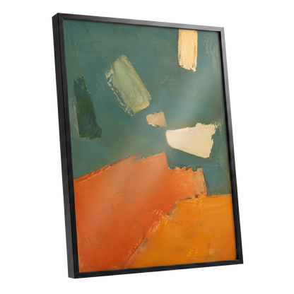 Ochre Drift, green, orange, yellow abstract wall art shown as a black framed poster wall art print