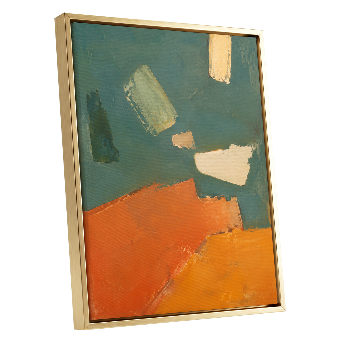 Ochre Drift, green, orange, yellow abstract wall art shown as a gold framed canvas wall art