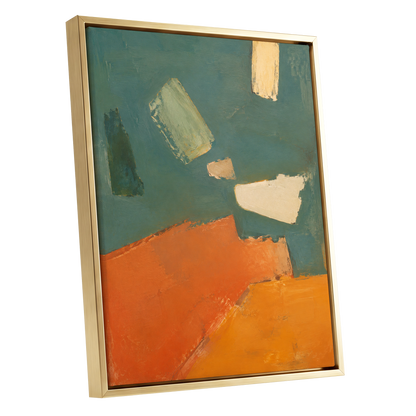 Ochre Drift, green, orange, yellow abstract wall art shown as a gold framed canvas wall art