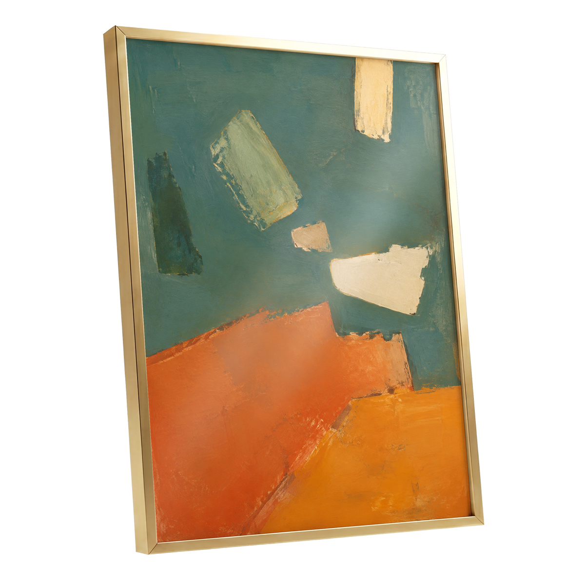 Ochre Drift, green, orange, yellow abstract wall art shown as a gold framed poster wall art print