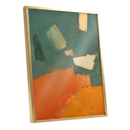 Ochre Drift, green, orange, yellow abstract wall art shown as a gold framed poster wall art print