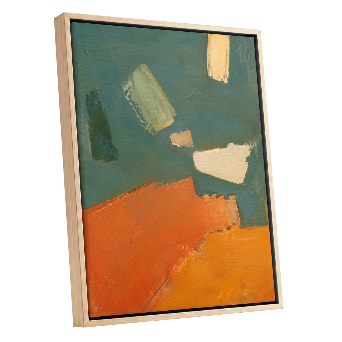 Ochre Drift, green, orange, yellow abstract wall art shown as a oak framed canvas wall art