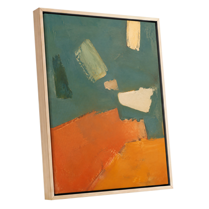 Ochre Drift, green, orange, yellow abstract wall art shown as a oak framed canvas wall art
