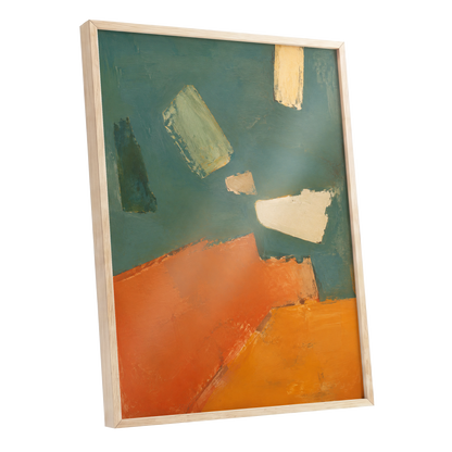 Ochre Drift, green, orange, yellow abstract wall art shown as a oak framed poster wall art print