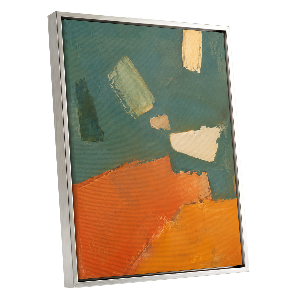 Ochre Drift, green, orange, yellow abstract wall art shown as a silver framed canvas wall art