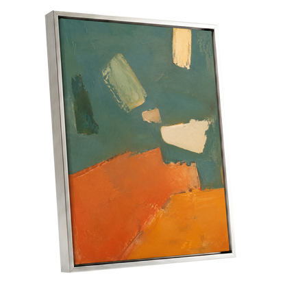 Ochre Drift, green, orange, yellow abstract wall art shown as a silver framed canvas wall art