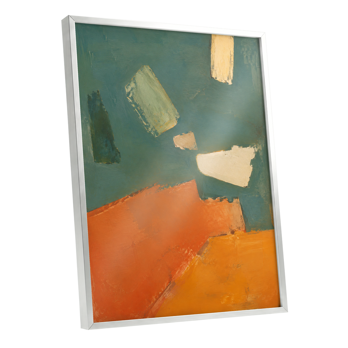 Ochre Drift, green, orange, yellow abstract wall art shown as a silver framed poster wall art print