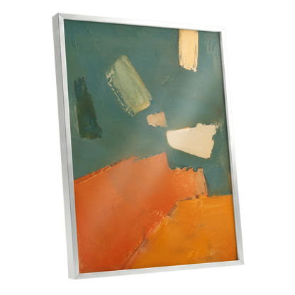 Ochre Drift, green, orange, yellow abstract wall art shown as a silver framed poster wall art print